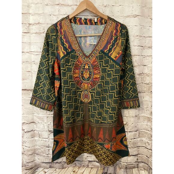 Soft Surroundings Tops - Soft Surroundings Shirt Womens Large Tunic Sequin Batik Print Flowy Rust Brown